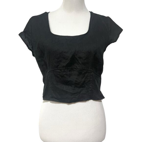 House of Harlow 1960 Linen Top Black Square Neck Short Sleeve Women’s Medium - Picture 2 of 9